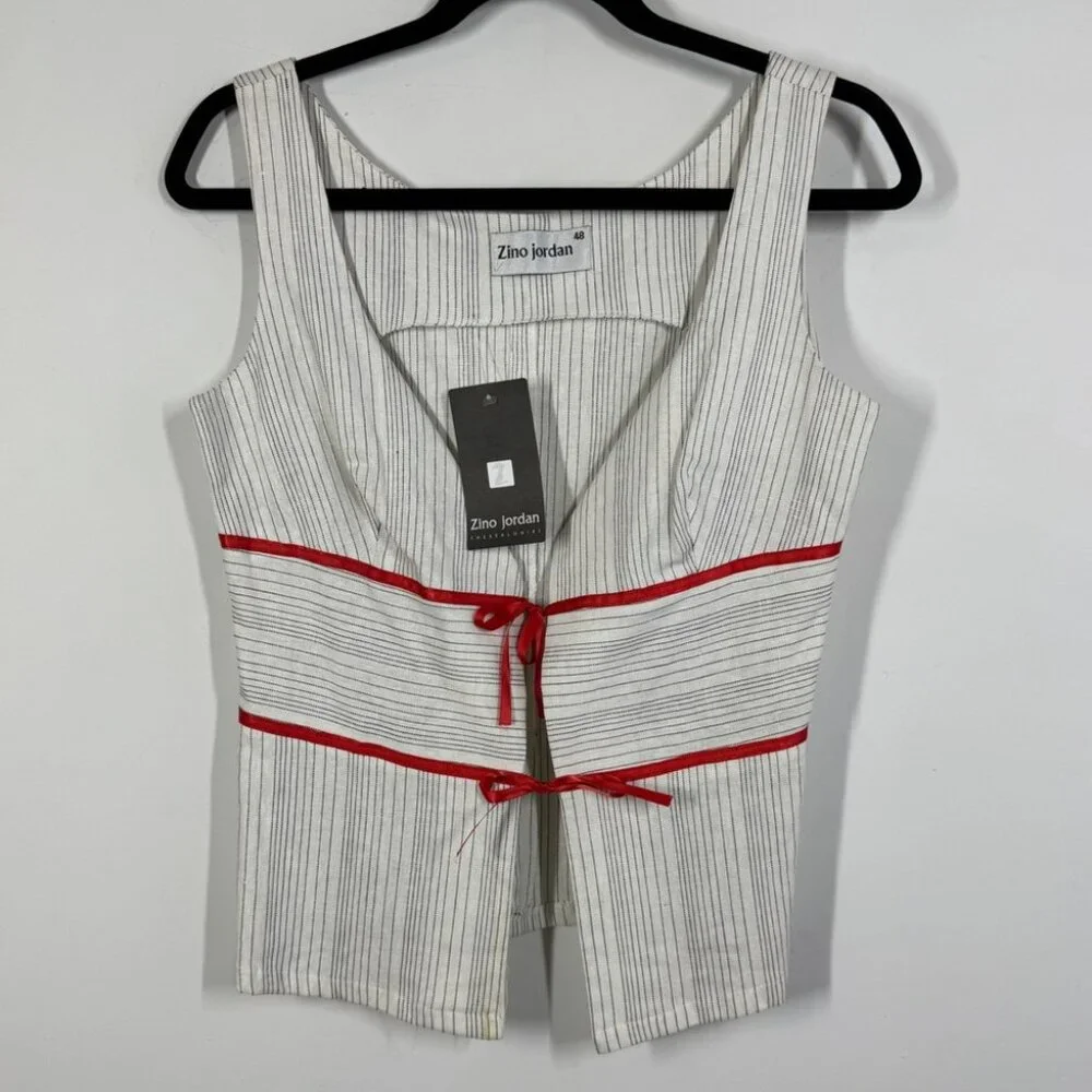 Zino Jordan White Pinstripe Linen Vest Red Tie Detail Size 48 EU Chic Top - Picture 2 of 10